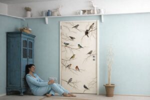 Vit innerdörr med motiv av fåglar på grenar i ett ljust rum.