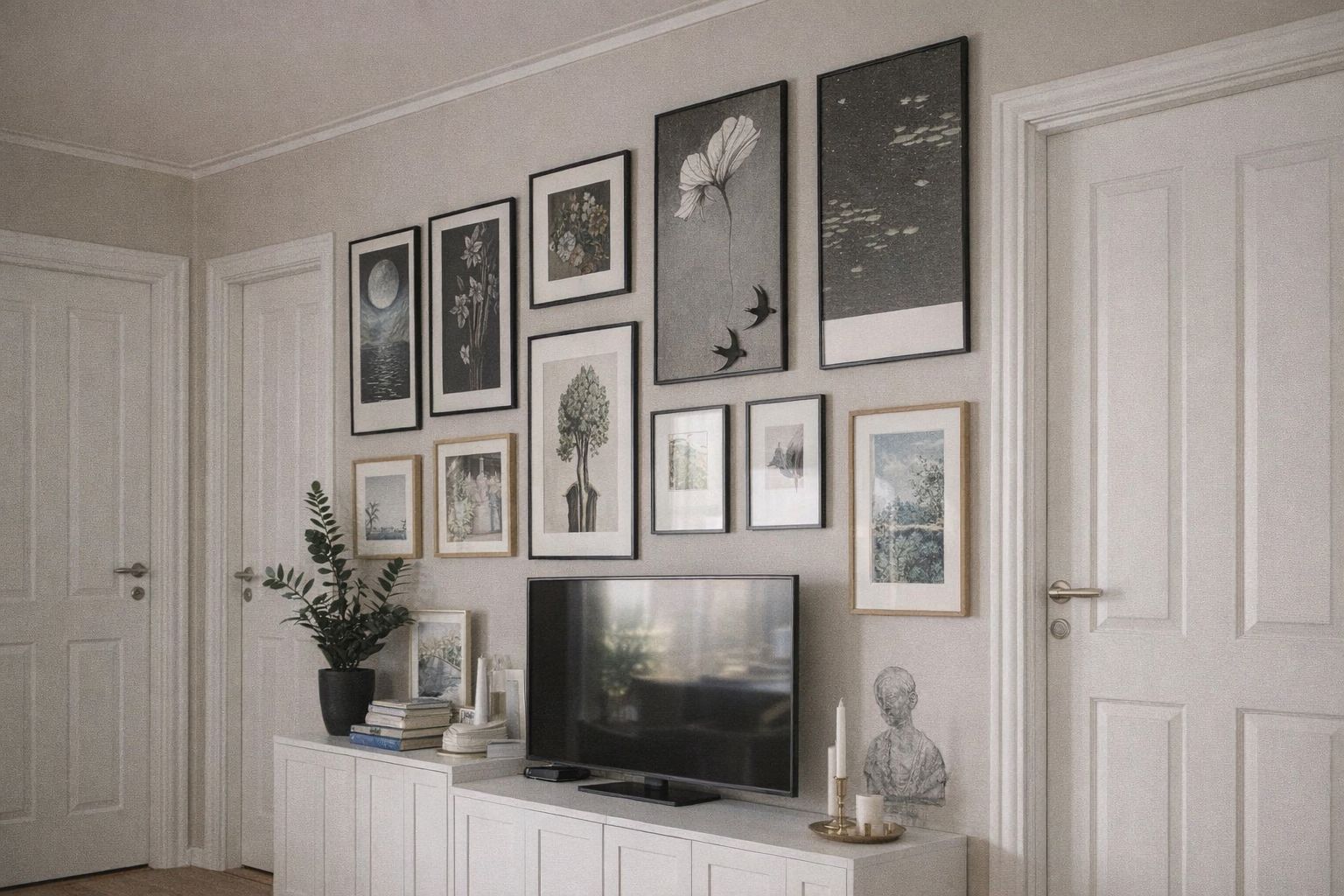 En elegant tavelvägg med naturmotiv inramad av vita innerdörrar.